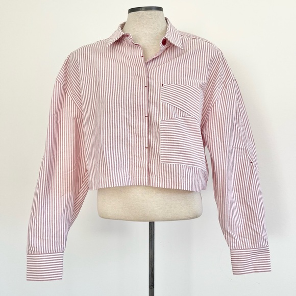 KOTN Striped Button-Up Cropped Egyptian Cotton Long Sleeve Striped Shirt XL - Picture 9 of 13